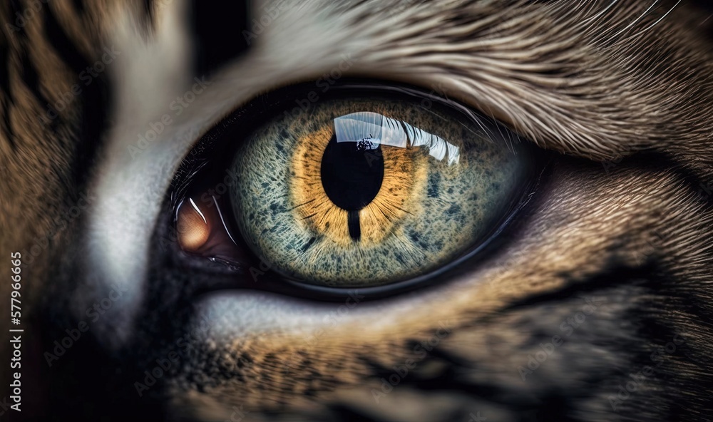  a close up of a cat's eye with a reflection of the cat's face.  generative ai