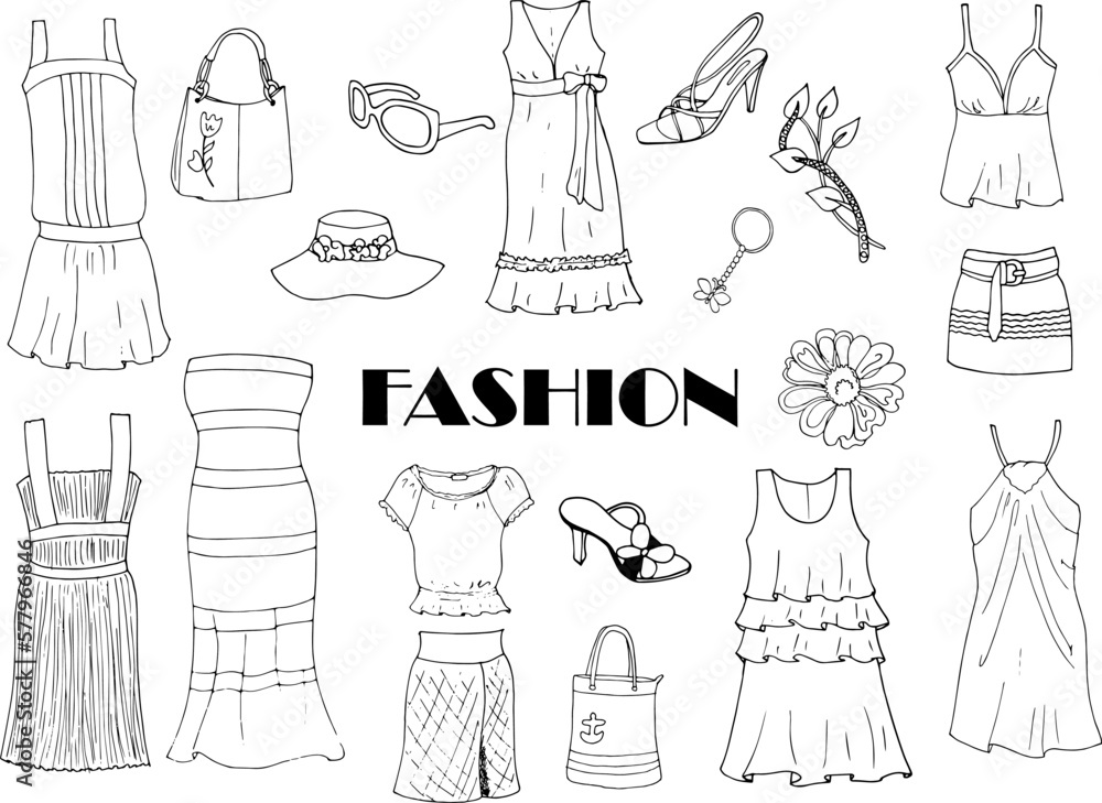 Obraz premium Hand drawn summer women clothes on doodle style