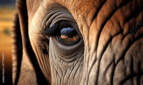  a close up of an elephant's eye with a sky in the background. generative ai