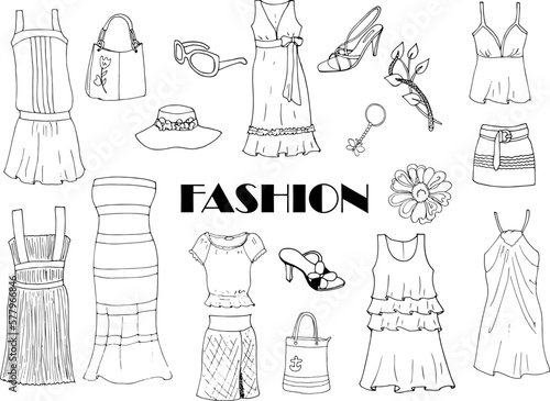 Hand drawn summer women clothes on doodle style