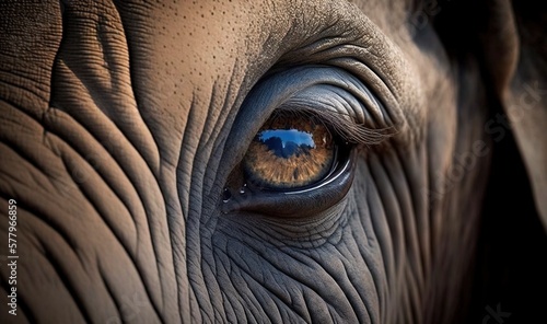  a close up of an elephant's eye with a blue sky reflected in it.  generative ai © Anna