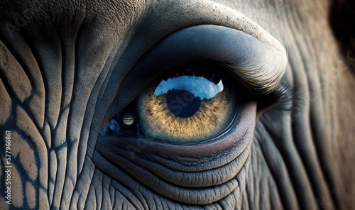  a close up of an elephant's eye with a blue sky reflected in it.  generative ai © Anna