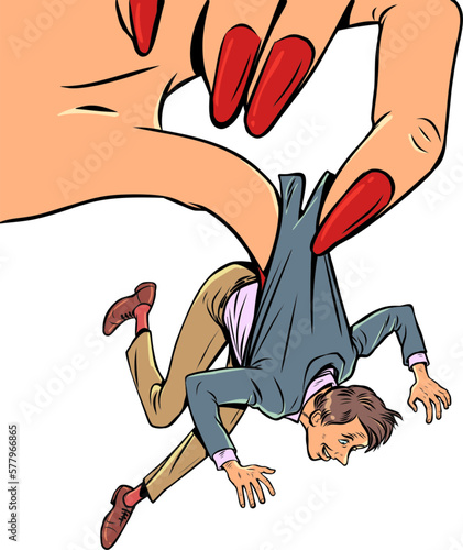 Use of other peoples means and forces. Dominance of one sex over the other. A man in a suit is held by a womans huge hand with a manicure.