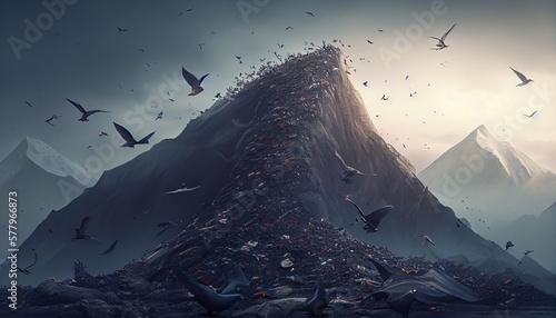 Mountains of garbage. Climate change, the concept of protecting the environment, and water resources. Generative AI.