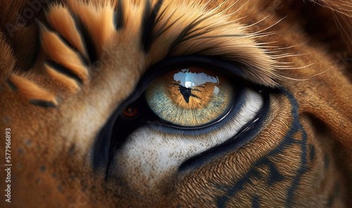  a close up of a tiger s eye with a sky in the background.  generative ai