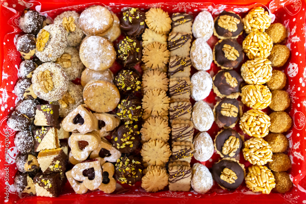 Different slavic (Czech) Christmas sweets, different shapes and textures, top view photo