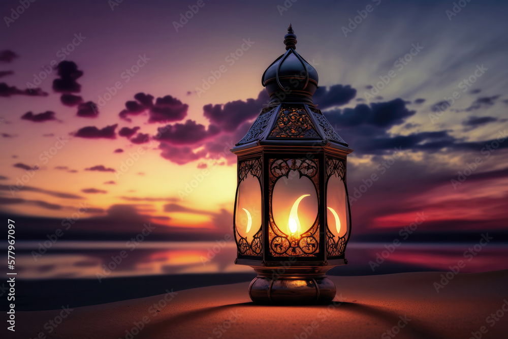 Arabic lantern with burning candle. Generative AI Arabic lantern with burning candle. Generative AI