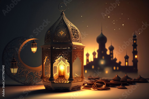 Arabic lantern with burning candle. Generative AI