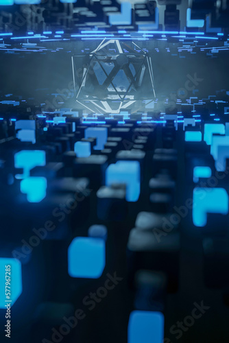 Futuristic data stream 3d illustration. AI or Data transfer technology. Cyberpunk  Big data and cybersecurity. Cyberspace  blockchain transactions. Abstract technological background