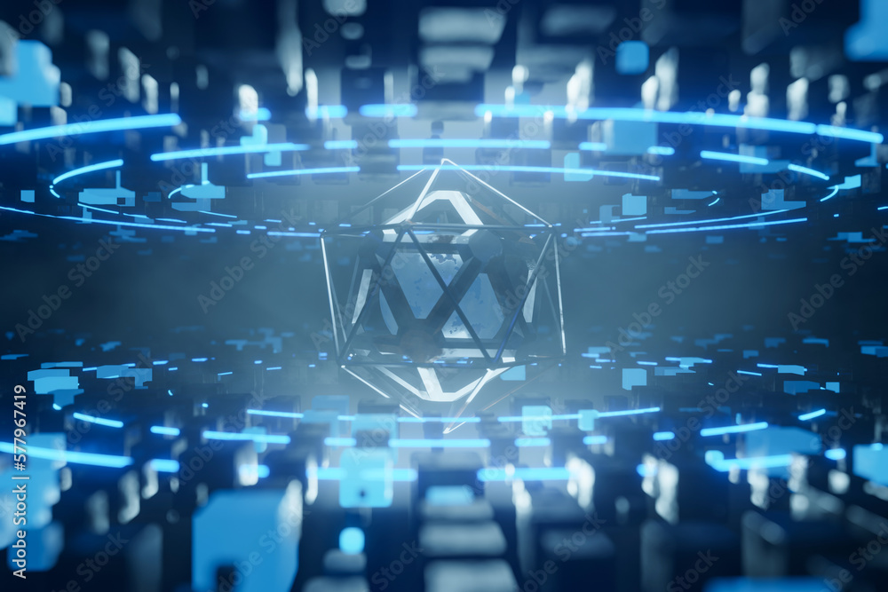 Obraz premium Futuristic data stream 3d illustration. AI or Data transfer technology. Cyberpunk, Big data and cybersecurity. Cyberspace, blockchain transactions. Abstract technological background