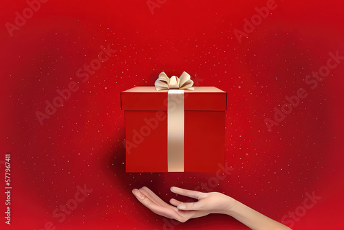 gift box in children's hands on a red background. Generative Ai