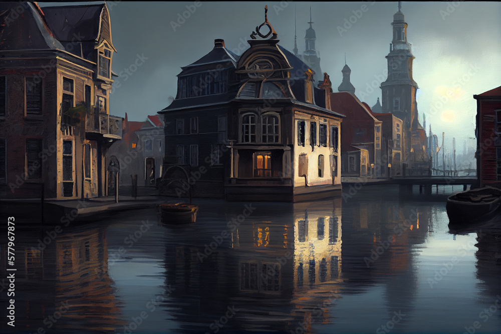Old beautiful buildings stands over the river in the rays of the setting sun. AI generated