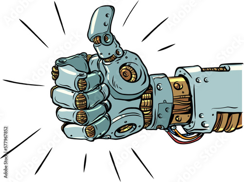 Artificial intelligence is ready to help and do cool. Symbol, thumbs up sign. Mechanical steel arm shows class.