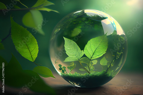 Green glass globe with green leaves an d morning sunlight. Generative Ai