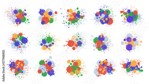 Paint blots. splashes. Abstract paint splatter drops, colorful ink spray paint splash flat vector illustration set