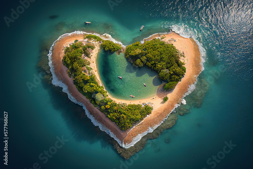 Heart shaped island aerial view i love travel beach and sea bird'seye view. Generative Ai