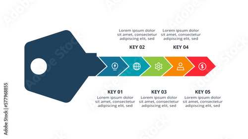 Key concept for infographic with 5 steps, options, parts or processes. Business data visualization.