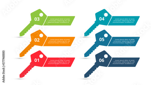 Key concept for infographic with 6 steps, options, parts or processes. Business data visualization.