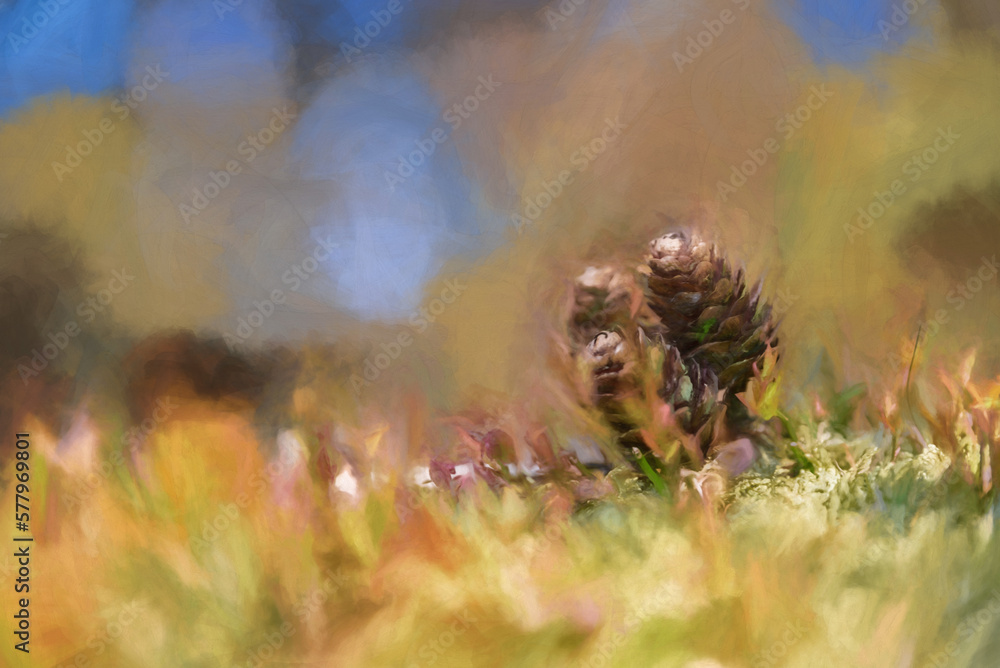 Digital painting of young conifer pine cone shoots isolated in a natural environment. Digital painting of young conifer pine cone shoots isolated in a natural environment.