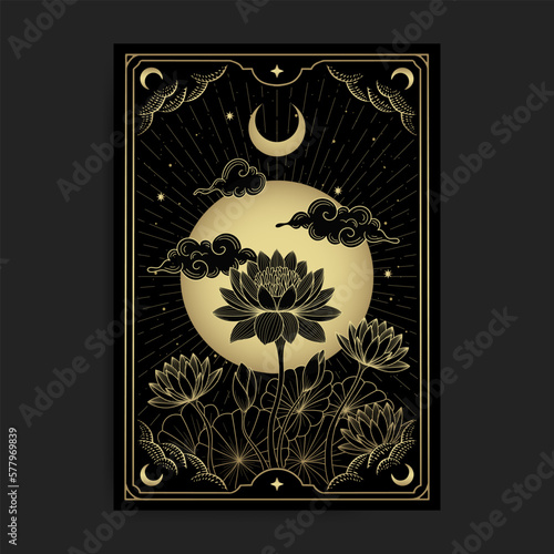 Luxury Gold Line Art Design of Lotus Flowers with Illuminated Full Moon Background