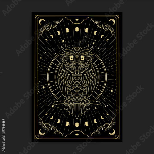Owl with Sacred Geometry Ornaments and a Moon phase