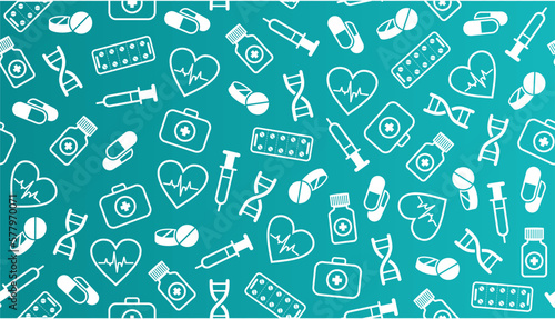 Seamless medical background in vector. Pills, stethoscope, syringe, heartbeat isolated on a blue background. Medical icons drawn in vector. Healthcare background. Innovative medicine