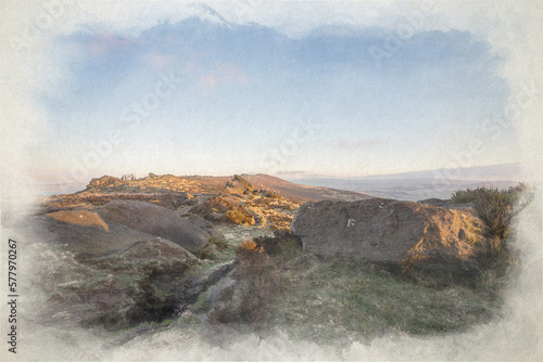 Winter sunrise digital watercolour painting at The Roaches in the Peak District National Park.