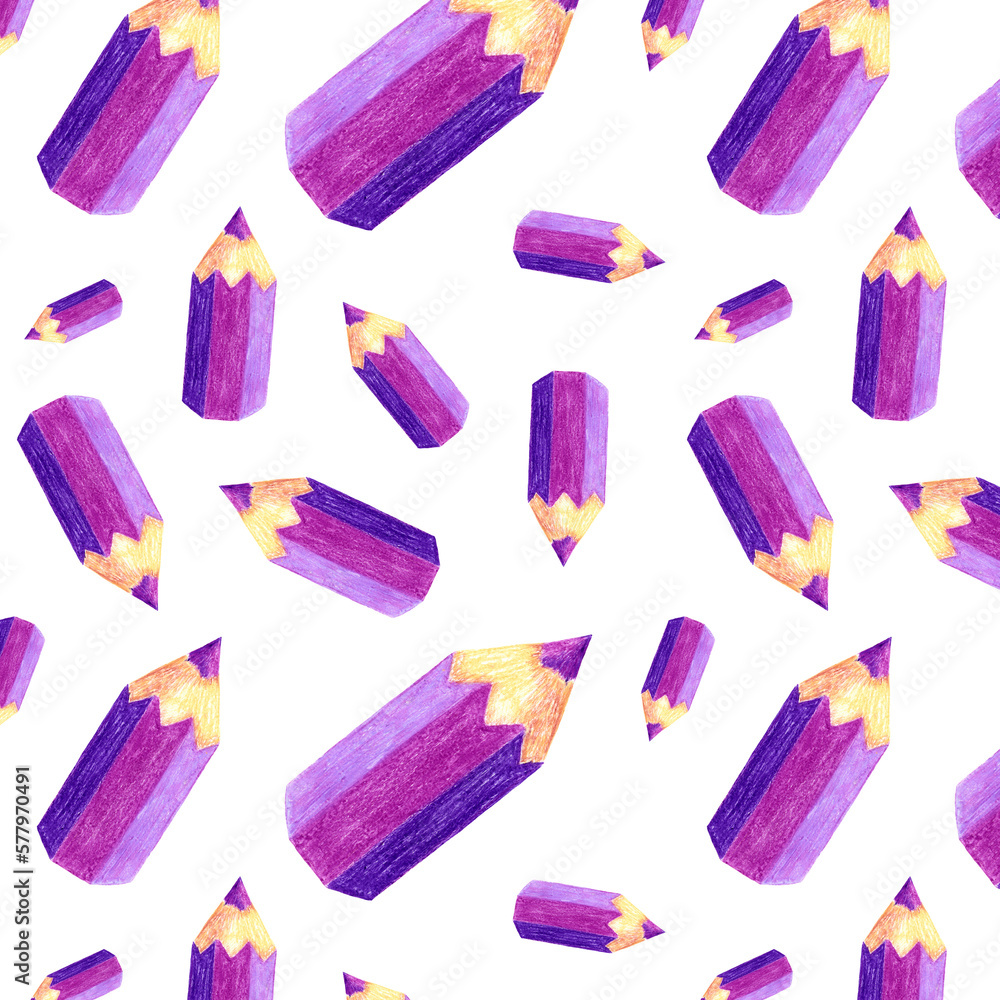 realistic purple pencil seamless pattern hand drawn with oil crayons. Drawing of a short purple pencil isolated on a square pattern
