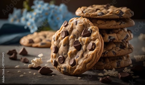  a stack of cookies with chocolate chips on a wooden table. generative ai