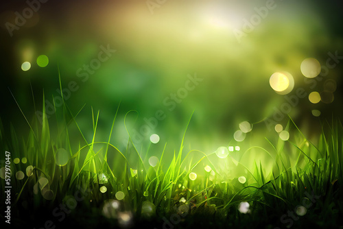 The world is in the grass of the green bokeh background. Generative Ai