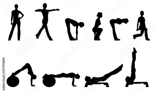 Entrenamiento de aerobic. Conjunto de siluetas de mujer haciendo ejercicio de fitness
