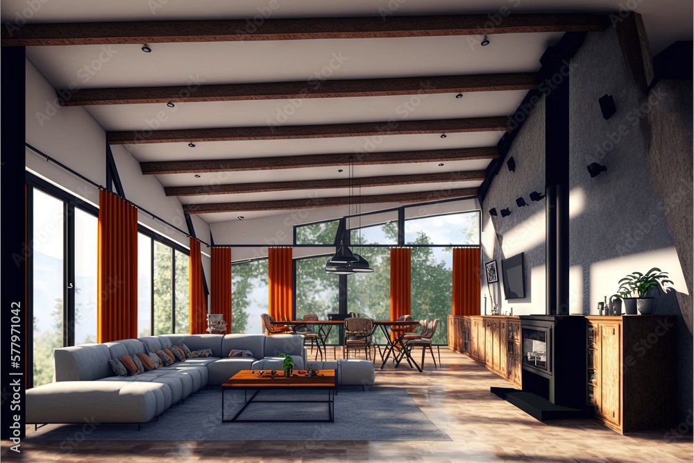 Fototapeta premium Architectural photography of a modern livingroom. Modern style interior design idea. Generative AI