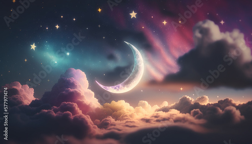 Colorful islamic ramadan greetings background with crescent moon over clouds