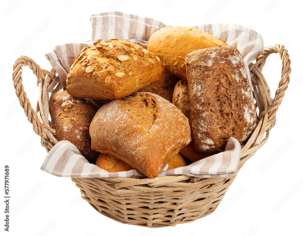 PNG. Basket with rolls from white and dark flour.