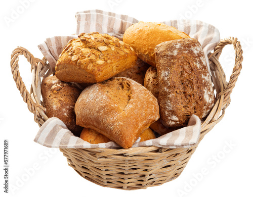 Obraz na płótnie PNG. Basket with rolls from white and dark flour.
w salonie