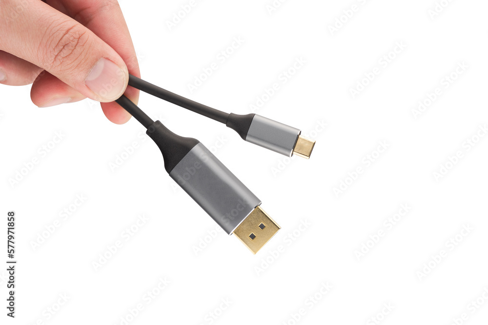 Hand holding USB cable isolated on white background.