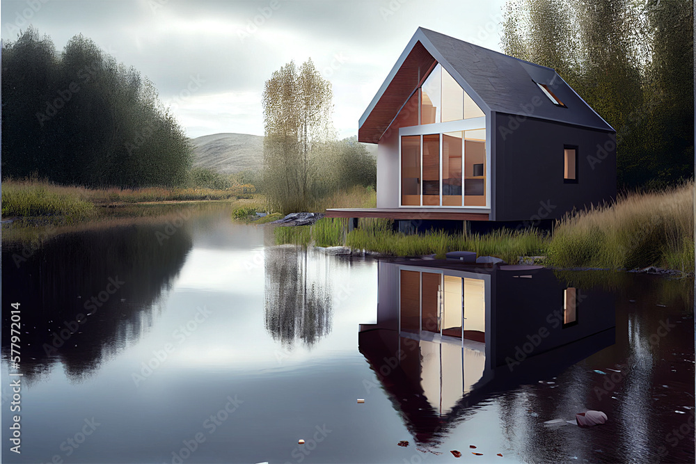A modern house built next to a lake surrounded by trees and mountains, scenery, generative ai A modern house built next to a lake surrounded by trees and mountains, scenery, generative ai