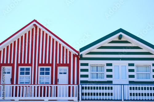 Costa Nova, Portugal: colorful striped houses called Palheiros. Costa Nova is a beach village resort on Atlantic coast near Aveiro.