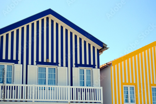 Costa Nova, Portugal: colorful striped houses called Palheiros. Costa Nova is a beach village resort on Atlantic coast near Aveiro.
