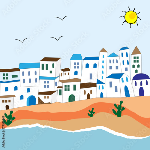 Paisaje de pueblo con casas blancas.