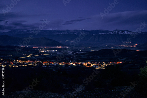 Panoramic view from Sirente Velino Natural Regional Park in Abruzzo at dusk  Italy 