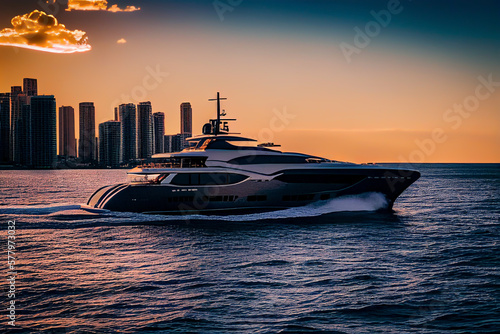 Canvastavla Yacht in sea against the backdrop of skyscrapers buildings in Miami