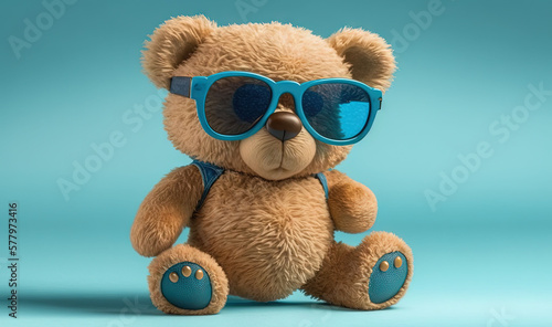  a brown teddy bear wearing blue sunglasses and a blue backpack. generative ai