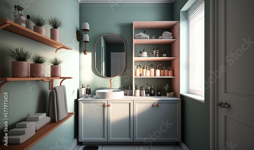  a bathroom with a sink, mirror, shelves, and plants. generative ai
