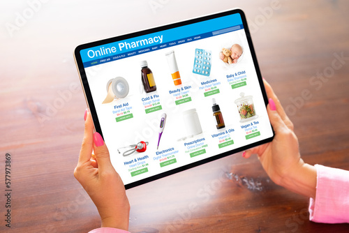 Murais de parede Woman browsing medical products in online pharmacy