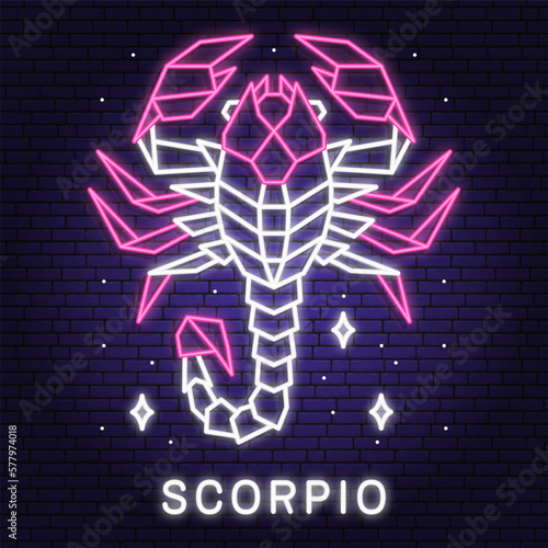 Zodiac astrology horoscope neon sign scorpio linear design. Vector illustration. Elegant line art neon symbol or icon of scorpio esoteric zodiacal horoscope templates promotion for logo or poster