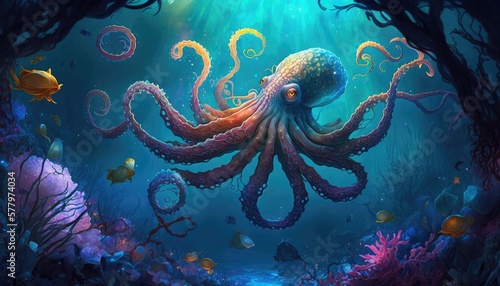 A Mystic Octopus in a Fantasy World. Generative AI © Bartosz