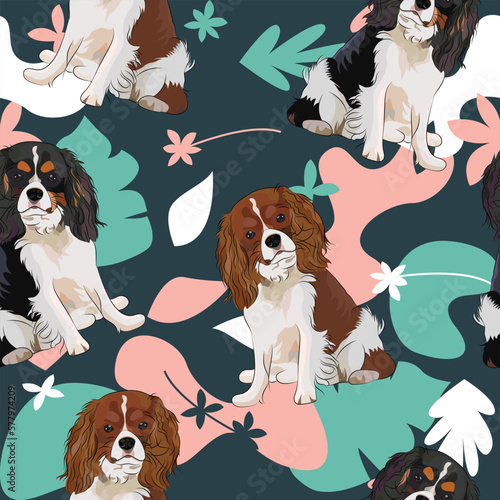 Cavalier king charles spanieldog wallpaper with leaves, palms, flowers, plants. Pastel green, pink, navy. Holiday abstract natural shapes. Seamless floral background with dogs, repeatable pattern. photo