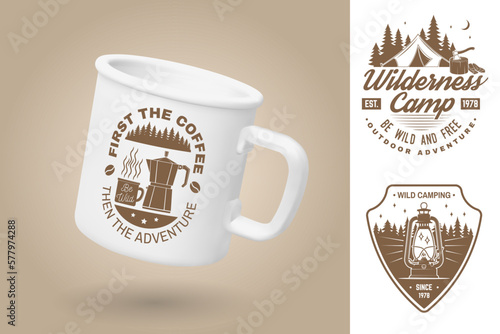 White camping cup. Realistic mug mockup template with sample design. Vector 3d illustration. First the coffee then the adventure. Summer camp. Quotes about camping with mountains, campfire, lantern