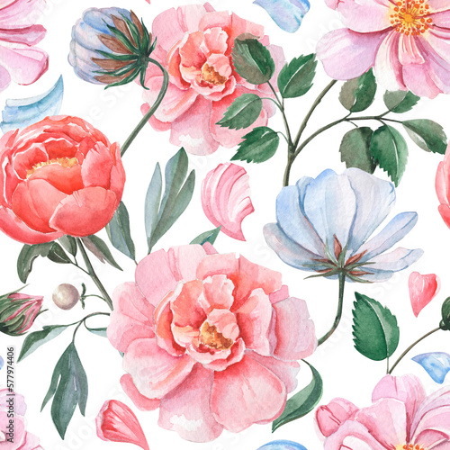 Vintage watercolor botanical seamless pattern on white background. Colorful hand-drawn pink and blue wild flowers. Floral art for textile, decor and wrapping paper.